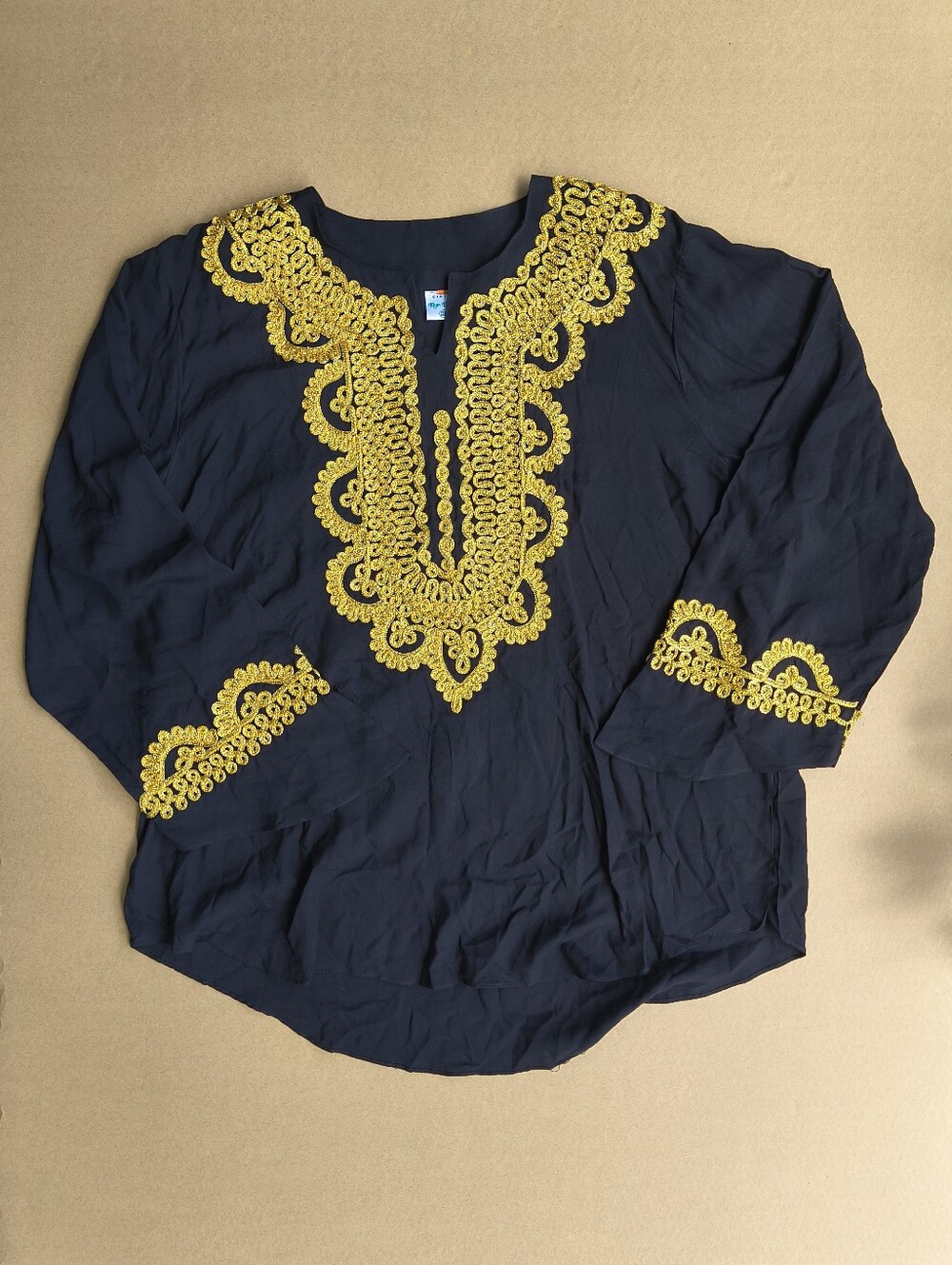 Embroidered Black Tunic Top with Yellow Detail